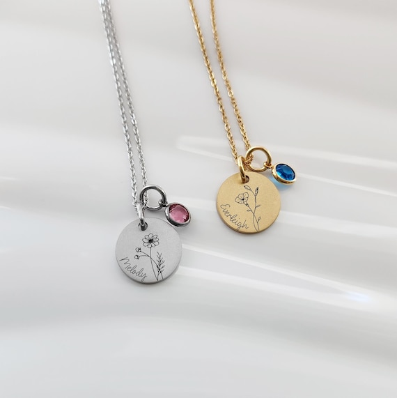 Birth Flower Name Necklace Personalized Jewelry For Women, Gift For New Mom, Mother's Day, Custom Birthstone Necklace For Her, Mom Charm