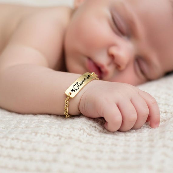 Personalized Baby Name ID Bracelet – Gold Stainless Steel, Waterproof & Adjustable, Custom Engraved Keepsake Gift