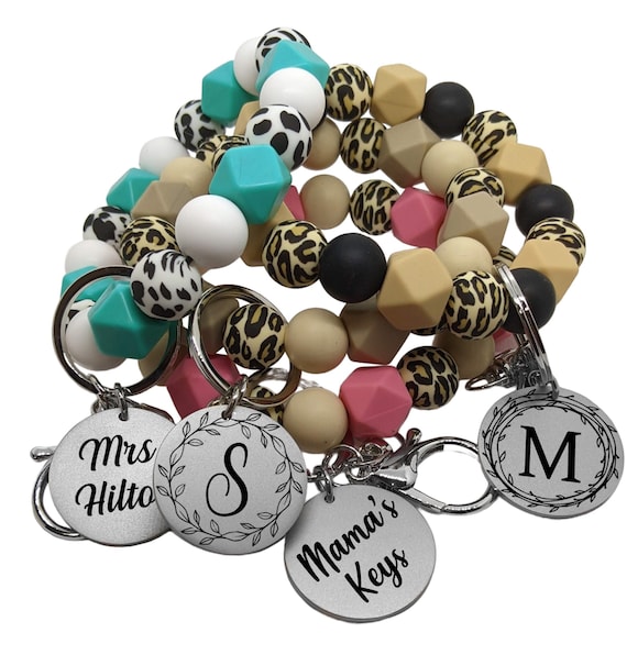 Custom Silicone Bead Bracelet, Personalized Beaded Wristlet Keychain, Custom Engraved, Key Ring Bangle, House Car Work, For Women Gift