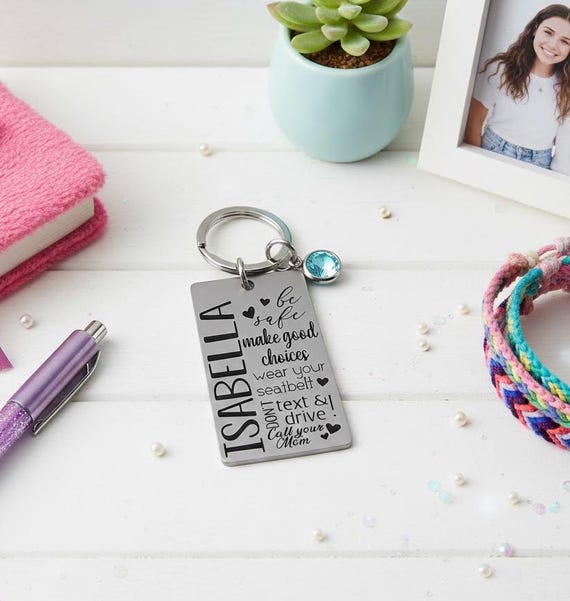 Personalized Sweet 16 Keychain: Stainless Steel, Birthstone Crystal