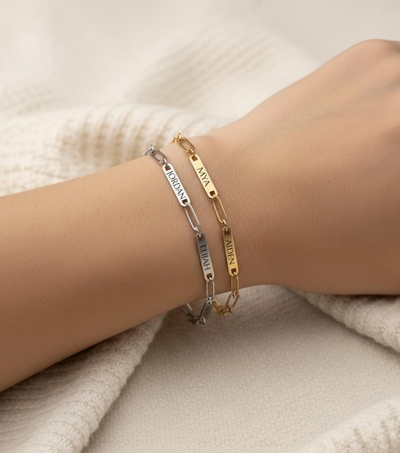 Engraved Name Paperclip Chain Bracelet: Personalized Charm, Gift for Mom