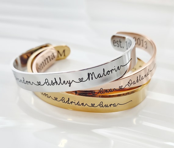 Bracelet Children's Names Personalized Gift for Mom Grandma Jewelry for Women, Silver Rose or Gold Mother's Day Custom Jewelry Wide Cuff