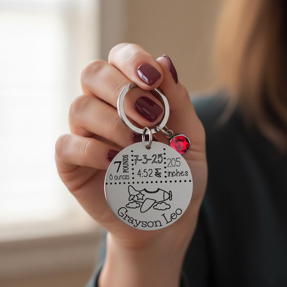 Personalized Baby Stats Keychain | Engraved Name & Birth Details | New Mom Gift | Baby Shower Gift | Birthstone Charm Keepsake