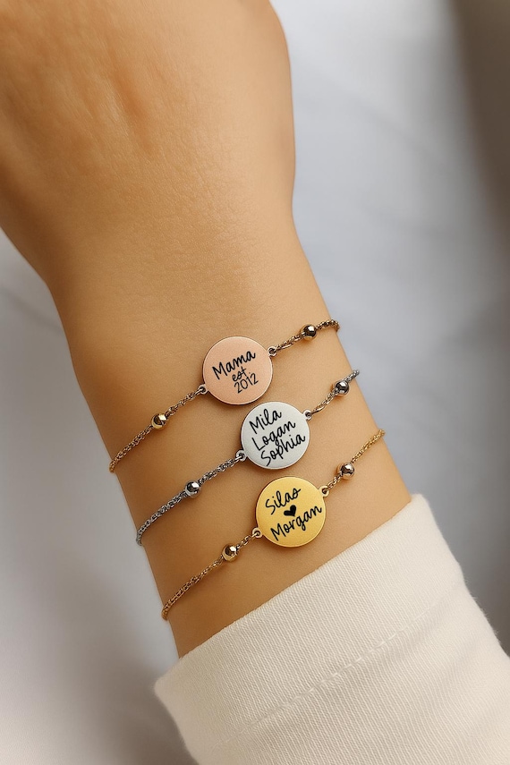 Engraved Round Pendant Bracelet, Handmade Bracelet for Women, Personalized Jewelry, Custom Gift for Her, Mom Gift, Silver Rose Gold