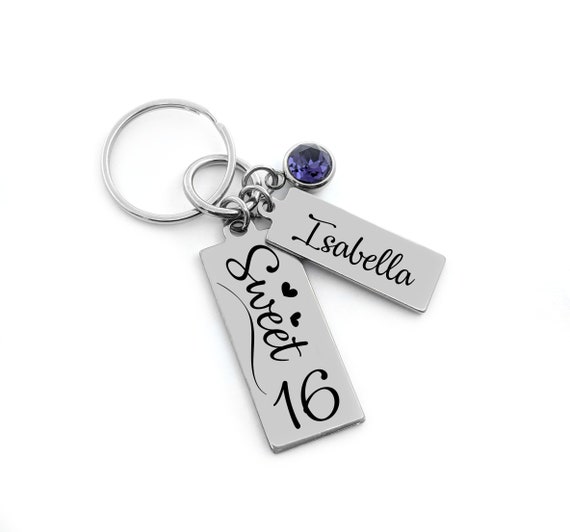 Sweet 16 Key Chain- Birthday Gift for 15 16 17 18 - Personalized Key Chain - Sweet 16 Gift- New Driver- Birthday Key Chain- Birthstone Gift