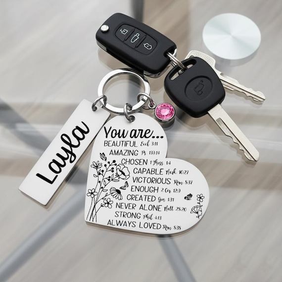 Custom Bible Verse Heart Keychain – Personalized Name & Birthstone – Christian Gift – Stainless Steel Inspirational Jewelry