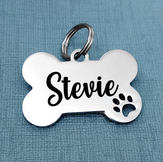 Pet ID Tags / Personalized Engraved Stainless Steel Pet Tag / Bone Shape / 3 Fonts / Paw Cutout / Cat Tag Dog Tag / Back Engraved INCLUDED