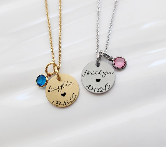 Birthstone Necklace Personalized Name Birthdate Jewelry For Women, Gift For New Mom, Mother's Day, Custom Name Birthstone Necklace For Mom