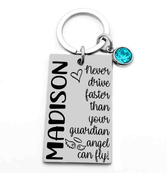 Sweet 16 Custom Key Chain, Engraved Teenage Girl Gift, First Time Driver Birthday Gift Guardian Angel Message Personalized Name & Birthstone