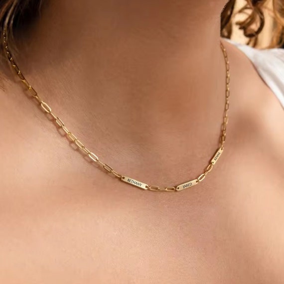 Gold Paperclip Multiple Bar Necklace Custom Gift for Women Engrave Up to 5 Nameplates New Mom Birthday Gold Paperclip Multiple Bar Necklace