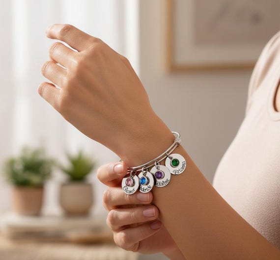 Personalized Birthstone Bracelet – Custom Mom Jewelry with Kids’ Names – Engraved Stainless Steel Adjustable Bangle – Mothers Day Gift