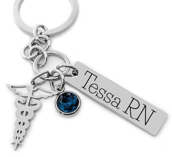 Nurse Key Chain / Graduation Gift / Nursing Student / PICK Your Charm & Birthstone / Personalized Engraved Stainless Steel Pendant