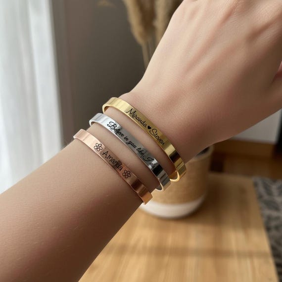 Personalized Engraved Cuff Bracelet: Stainless Steel, Silver Gold Rose Gold