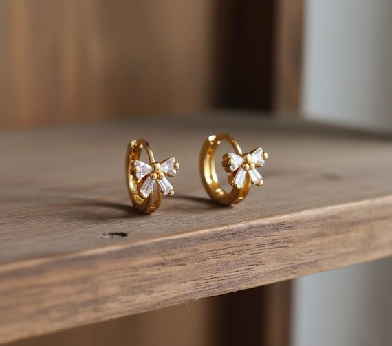 Bow Hoop Earrings • Gold or Silver • Stainless Steel Zircon Huggie Earrings • Minimalist Bow Earrings • Everyday Jewelry Gift