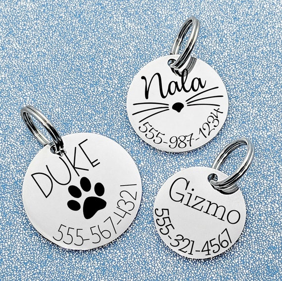 Pet ID Tags / Personalized Engraved Stainless Steel Circle Tag / CHOOSE your Size / Choose your font / Choose your Design / Cat Tag Dog Tag