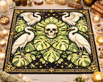 Mantel de altar con diseño de calavera de diosa garceta y monstera abigarrada, floral, para trabajos de luz, tarot, brujas, trabajos de hechizos y energía, 27.56” x 27.56”