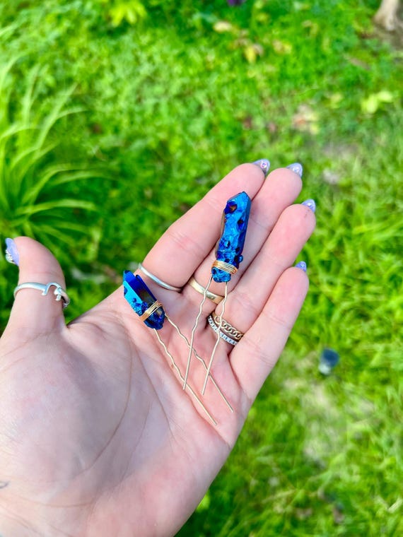 Deep Purple Blue Angel Titanium Aura Quartz Gold Bobby Pin  display picture 1