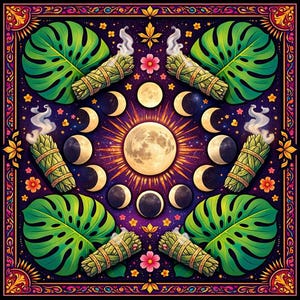 Variegated Monstera and Sage Goddess Moon Phase Floral Puerto Rico Lightwork Tarot Witches Altar Cloth- Spellwork Energy Work 27.56”x27.56”