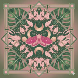 May include: A square, symmetrical illustration featuring a pink moth at the center, surrounded by pink and green leaves, crescent moons, and constellations. The design has a geometric border with a gradient background, creating a mystical and botanical theme.