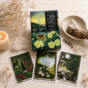 May include: A Druid Plant Oracle card deck with three cards displayed, featuring botanical illustrations. The box and cards have a nature theme with images of plants and landscapes. A lit candle and crystals are also present.
