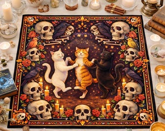 Paño de altar con diseño de gato bailando, diosa botánica, luna, pentáculo, fases, luz, tarot, brujas, hechizos y energía, 27,5 x 27,5 pulgadas