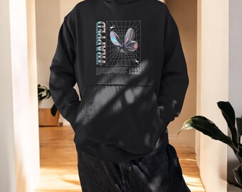 Trapped Butterfly Graphic Black Hoodie – Edgy Streetwear Sweatshirt, Dark Aesthetic Casual Wear for Women & Men
