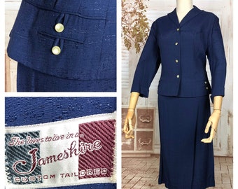 Wonderful Late 1940s / Early 1950s Original Volup Vintage Blue Silk Blend Belt Back Summer Suit