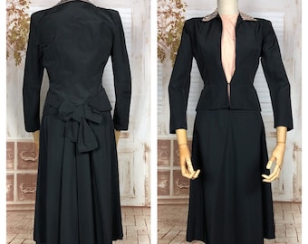 Amazing Original 1940s Vintage Black Rayon Faille Suit With Bow Detail