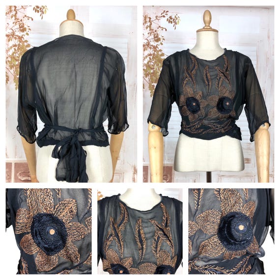 Late Edwardian / Early 1920s Black Georgette Blouse with Copper Embroidery