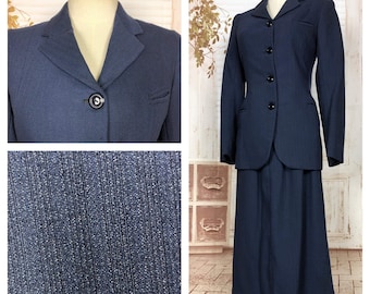 Wonderful Original 1940s 40s Vintage Navy Blue Chalk Stripe Skirt Suit