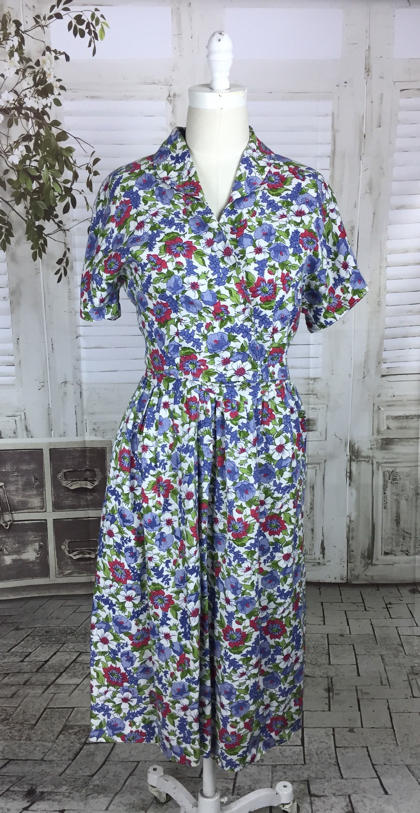 Original 1950s Vintage Floral Print Blue White Green Dress - Etsy UK