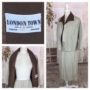 Original finales de 1950 Vintage marrón y blanco Plaid cheque falda traje London Town