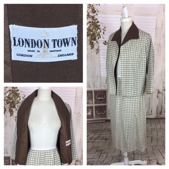 Original Late 1950s Vintage Brown And White Plaid… - image 1