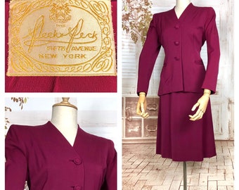 Stunning Original 1940s Vintage Fuchsia Pink Collarless Peck & Peck Skirt Suit