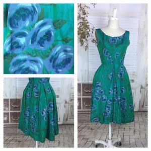 Original 1950s Green Taffetta With Blue Flowers Summer Dress With Underskirt