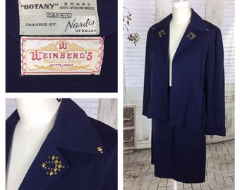 Original 1950s Navy Blue Vintage Wool Skirt Suit With Brass Collar Studs Botany USA