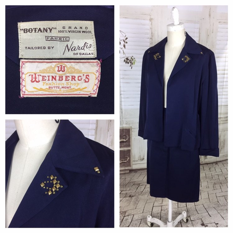 Image of Original S Navy Blue Vintage Wool Skirt Suit With Brass Collar Studs Botany Usa