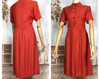 Vibrant Rust Orange Original 1930s Vintage Pin Tuck Detail Dress