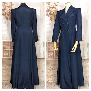 Magnificent Early 1940s Wartime Vintage Full Length Navy Blue Princess Coat With Eagle Buttons