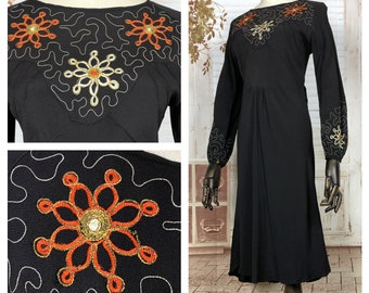 Amazing Original 1930s 30s Vintage Black Dress With Stunning Soutache Embroidery And Bishop Sleeves