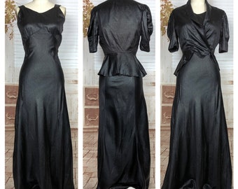 Super Rare Original 1930s Black Ciré Waxed Satin Evening Gown With Matching Jacket Museum Piece