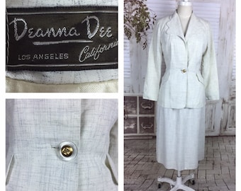 Original 1940s White Gabardine With Blue Criss Cross Pattern Vintage Skirt Suit With Gold Button By Dianna Dee