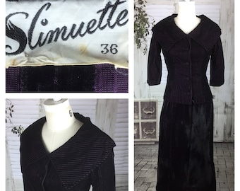 Original 1950s Vintage Black Velvet With Purple Stripe Skirt Suit By Slimuette Petite