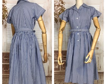 Stunning Original 1940s Vintage Blue And White Striped Belted Summer Dress