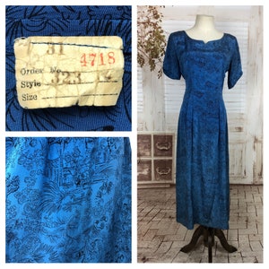Original 1940s 40s Vintage Blue Novelty Print Rayon Dress With Matching Jacket image 1