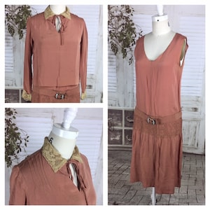 Original 1920s Drop Waist Vintage Blush Dress Set With Lamé Embroidery and Lace Trim