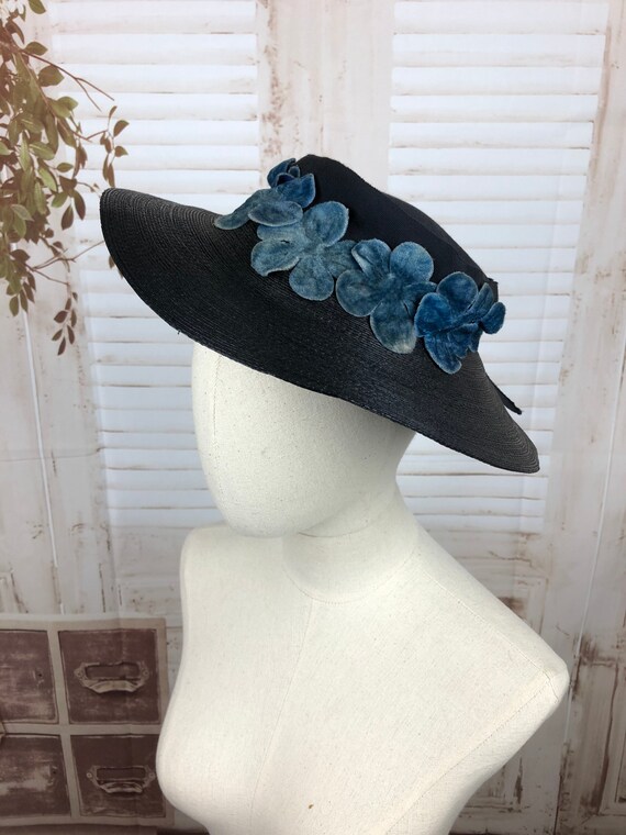 Original 1930s 30s Vintage Navy Blue Straw Wide Br