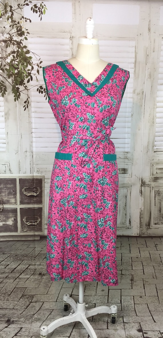 Original 1950s Vintage Pink And Green Housedress … - image 2