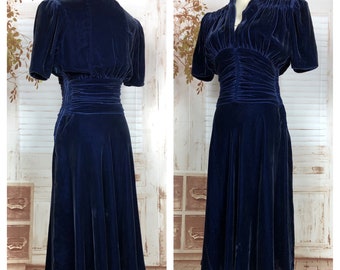 Amazing Original 1930s Vintage Navy Blue Velvet Dress