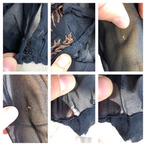 May include: Close-up shots of a black sheer fabric, possibly clothing. The fabric appears delicate with visible stitching and some areas of wear and tear. Details include a ruffled edge and embroidered accents in a contrasting color.